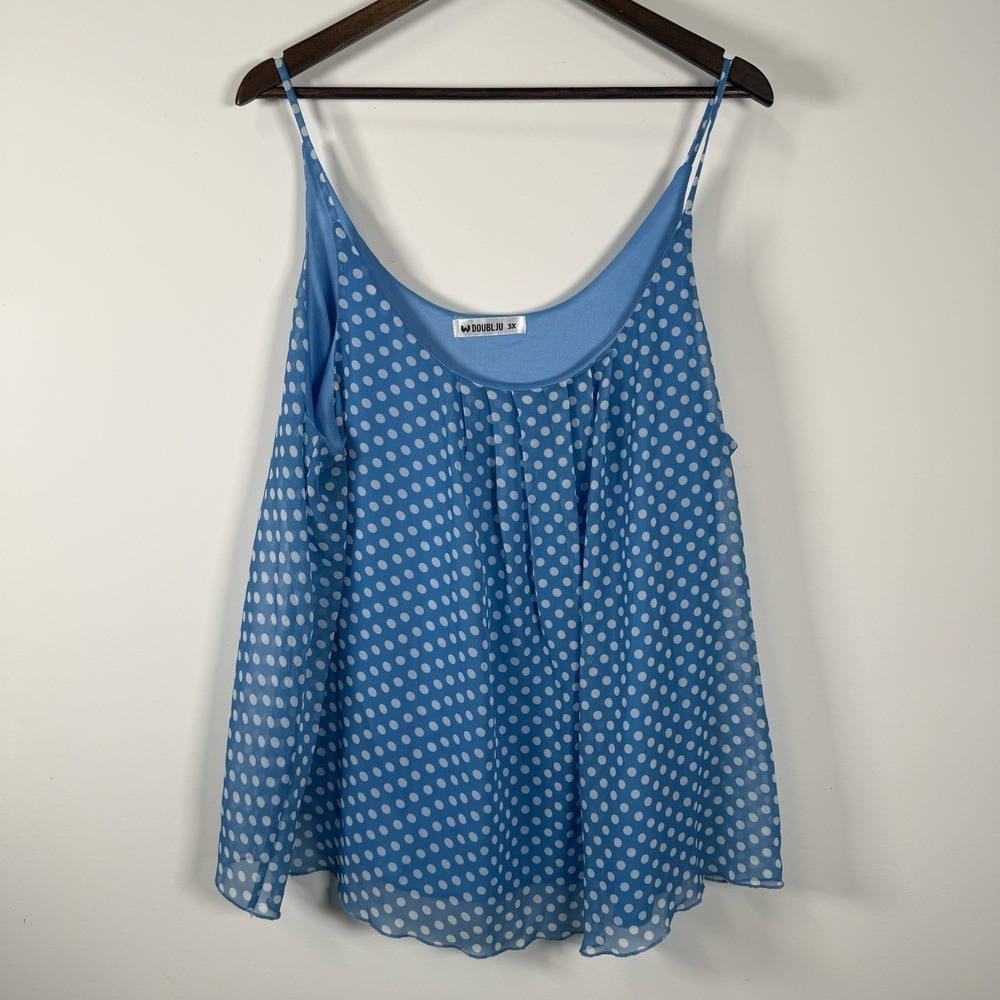 Double Ju Women's Sleeveless Tank Blue White Polka Dot Career Casual Flowy‎ 3XL